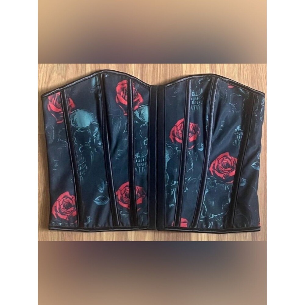 Gothic Skull & Red Rose Overbust Corset Top Size L